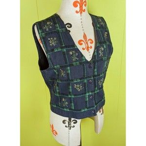 VTG 80's New Directions Women's M 100% Cotton Plaid Floral Embroidered Blue